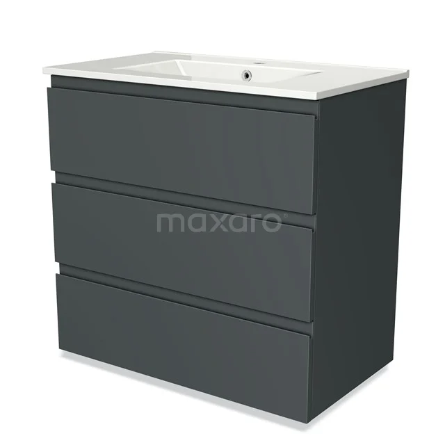 Grey bathroom vanity unit with three drawers, modern rectangular shape, matte finish and white ceramic top.