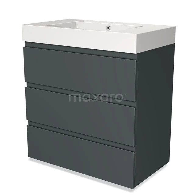 Moderne badkamermeubelset met matgrijze lades, witte keramische wastafel, strak design ideaal voor compacte badkamers.