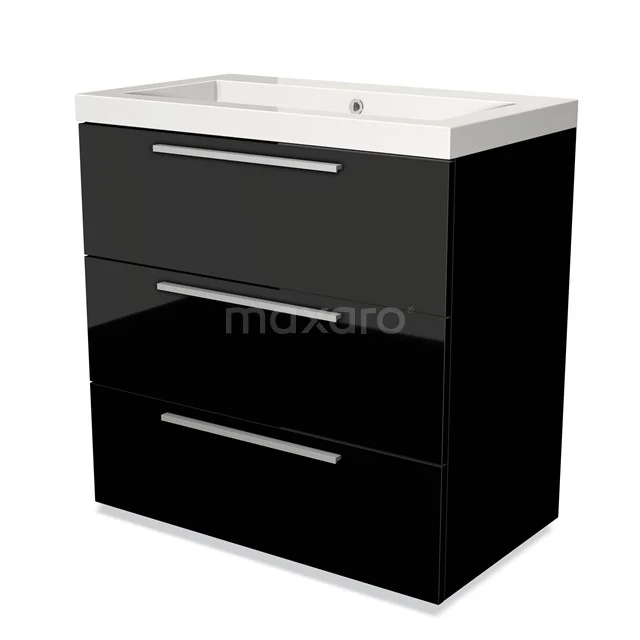 Black bathroom furniture set with glossy drawers, white sink top and sleek handles, ideal for modern bathrooms.