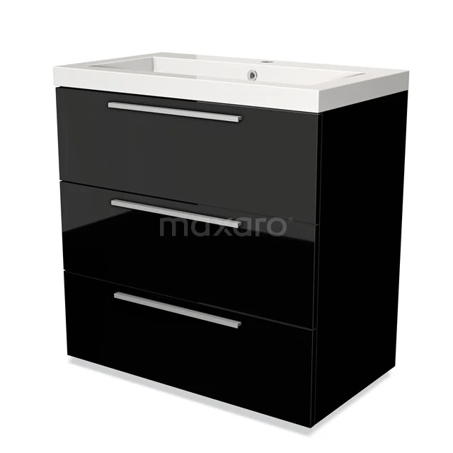 Black glossy vanity set with ceramic sink and three drawers, ideal for modern bathroom design.