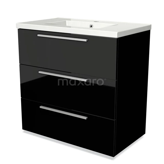Black glossy bathroom unit with white ceramic basin and three spacious drawers fitted with sleek black metal handles.