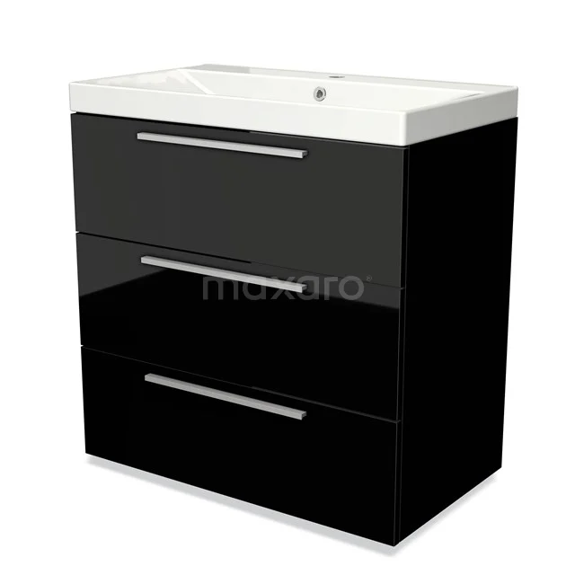 Modulo Vanity units with basin | 80 cm High-gloss black Flat front Ceramic 3 drawers BMW19-00252 Black bathroom cabinet with glossy finish, three drawers and integrated basin; modern design for a stylish interior.