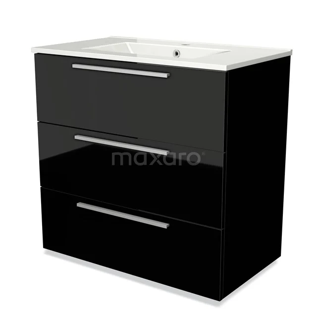 Black glossy bathroom unit with three drawers and white ceramic basin worktop, modern design for a stylish bathroom.