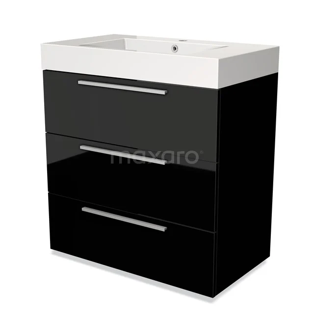 Black bathroom cabinet with glossy finish, three drawers and integrated white basin; sleek and modern design.