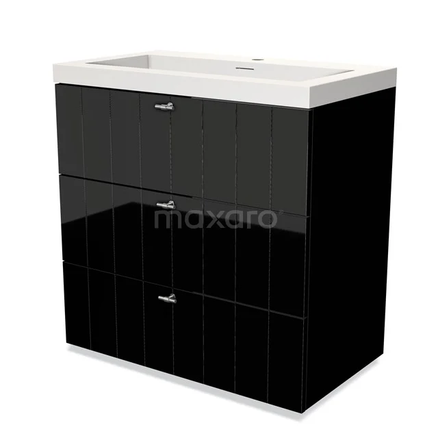 Black glossy bathroom unit with two drawers and built-in white basin, ideal for modern bathroom design.