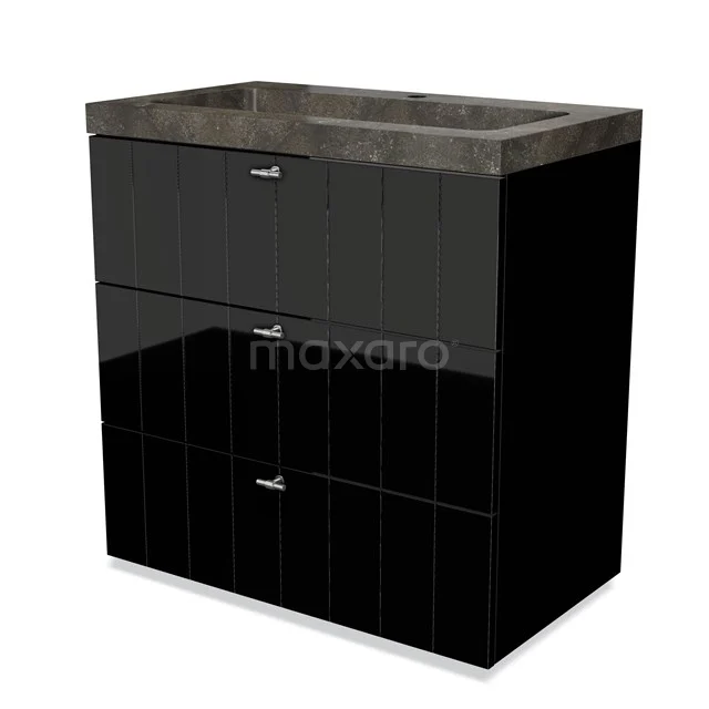 Modulo Bathroom furniture with sink | 80 cm High-gloss black Slat front Natural stone 3 drawers BMW19-00263 Black bathroom unit with glossy finish, marble vanity units with basin and three drawers; stylish storage solution for modern bathrooms.