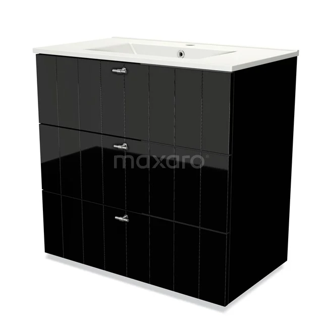 Schwarz Hochglanz-Badmöbel mit zwei Schubladen und integriertem weißen Waschbecken, modernes Design.