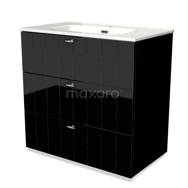 Black bathroom cabinet with glossy finish, double drawers and integrated double basin, modern design for stylish bathrooms.