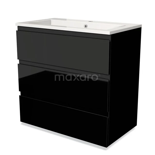 Moderne schwarze Badschrank mit Hochglanzoberfläche, drei Schubladen und integriertem Waschbecken mit keramischer Oberfläche.