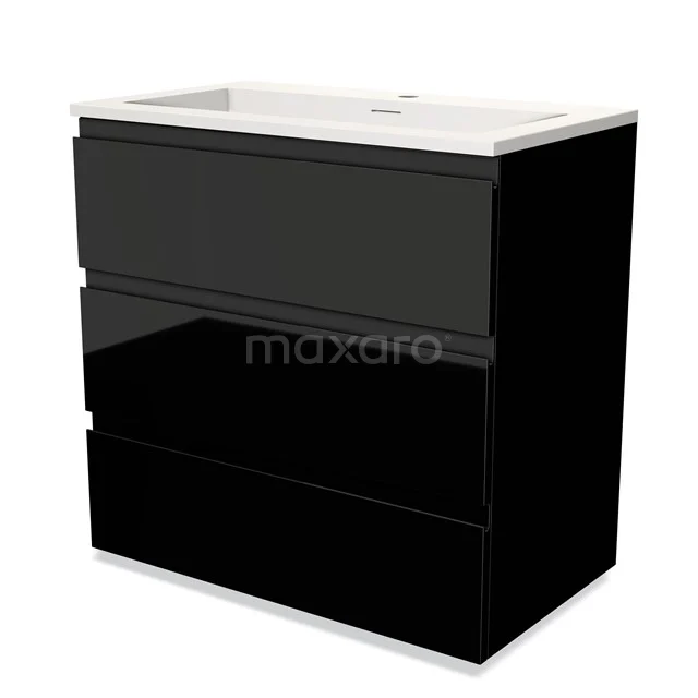 Black bathroom furniture set with high-gloss drawers, ceramic basin and sleek design. Perfect for modern bathroom design.