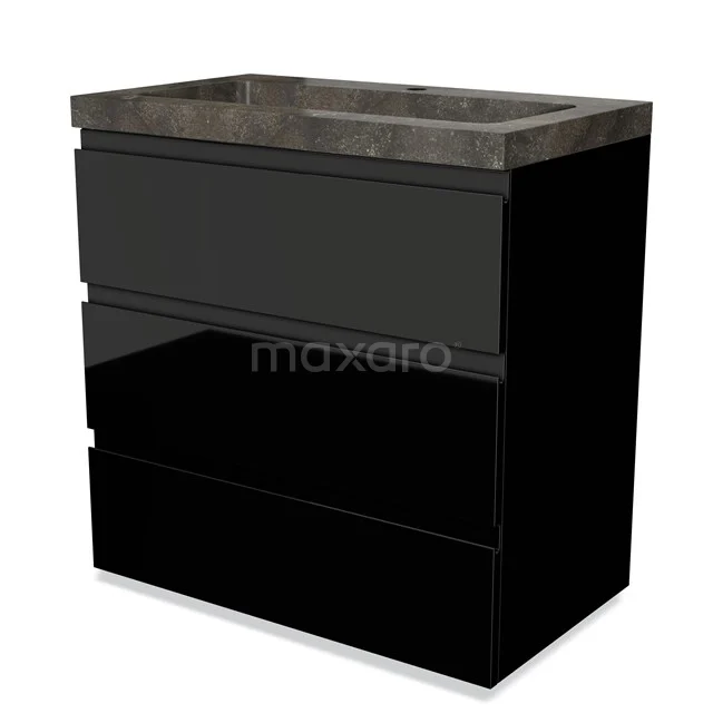 Black bathroom cabinet with three drawers and marble-look basin worktop, modern design solution for stylish bathroom storage.