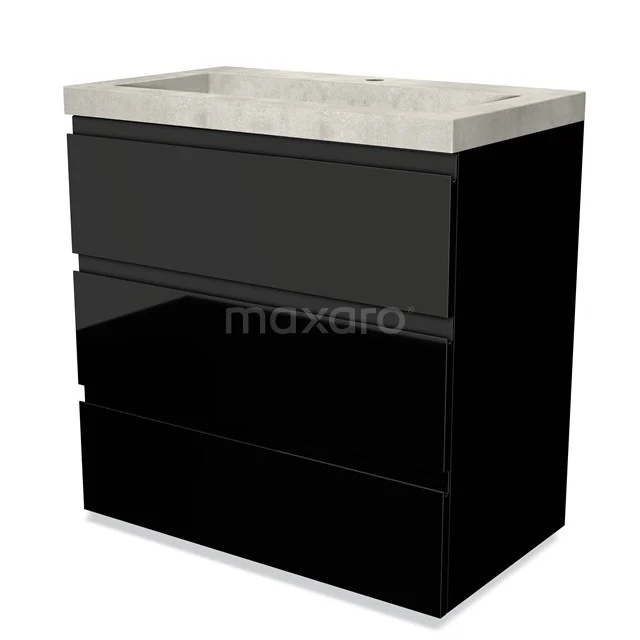 Black glossy bathroom unit with three drawers and a concrete sink, sleek design for modern bathrooms.