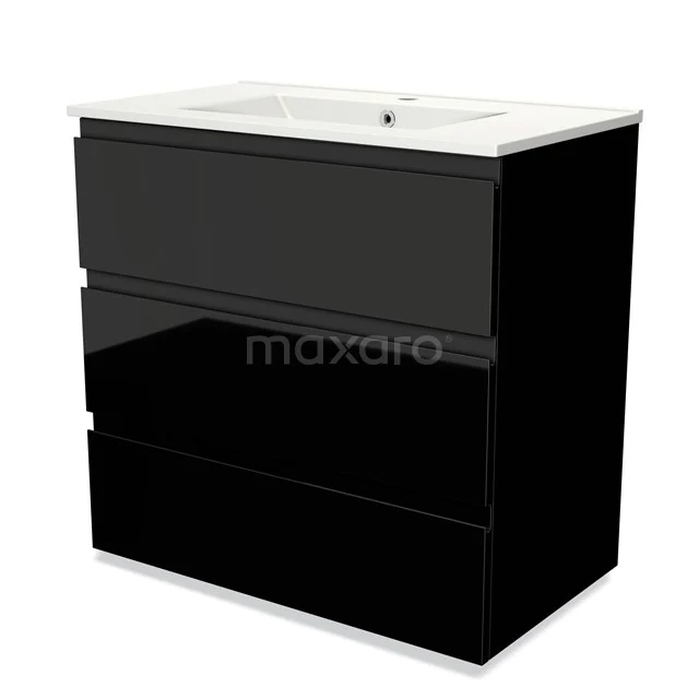 Black, glossy bathroom cabinet with three drawers and ceramic basin, ideal for stylish bathroom storage.