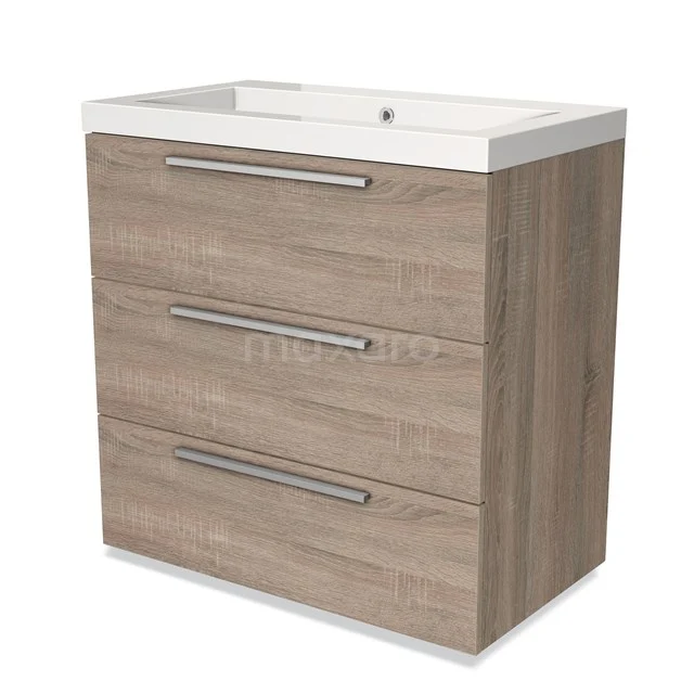 Wooden bathroom unit with three drawers, modern handles and integrated white vanity units with basin, ideal for a stylish bathroom.