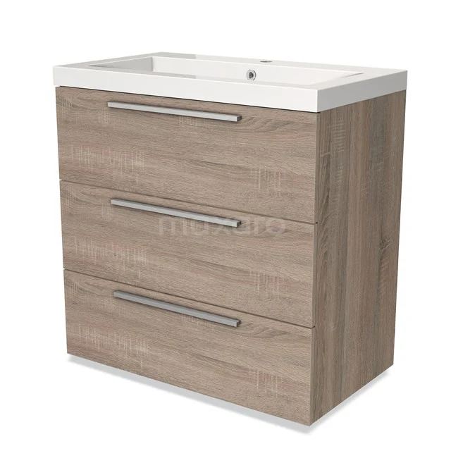 Houten badkamermeubel met wastafel, drie lades en zilveren handgrepen, ideaal voor stijlvol opbergen in de badkamer.