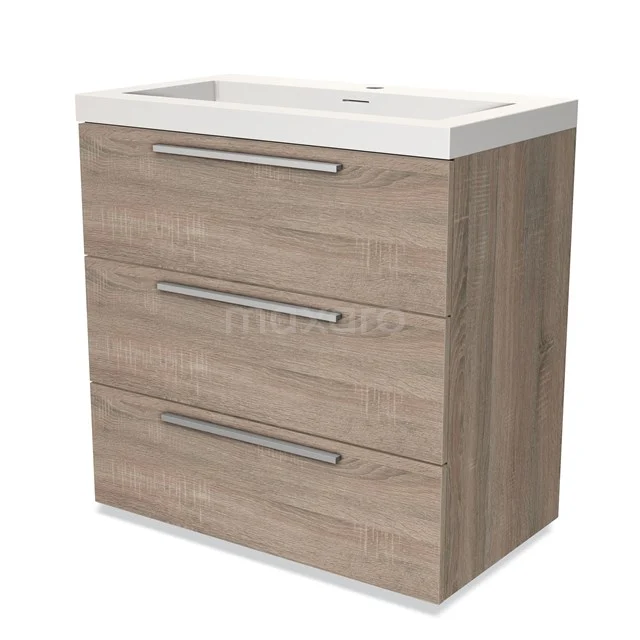 Houten badkamermeubel met drie lades en witte wastafel, strak design, ideaal voor opbergruimte in moderne badkamers.