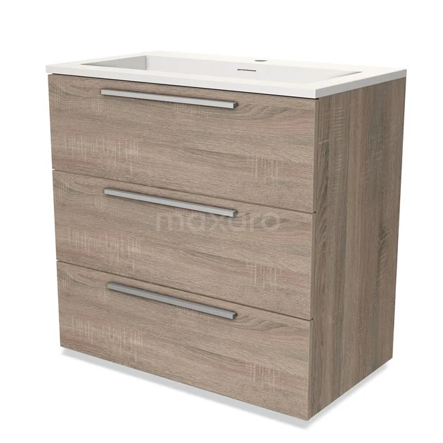 Houten wastafelmeubel met lades, modern design in eikenlook, perfecte opbergruimte voor een georganiseerde badkamer.