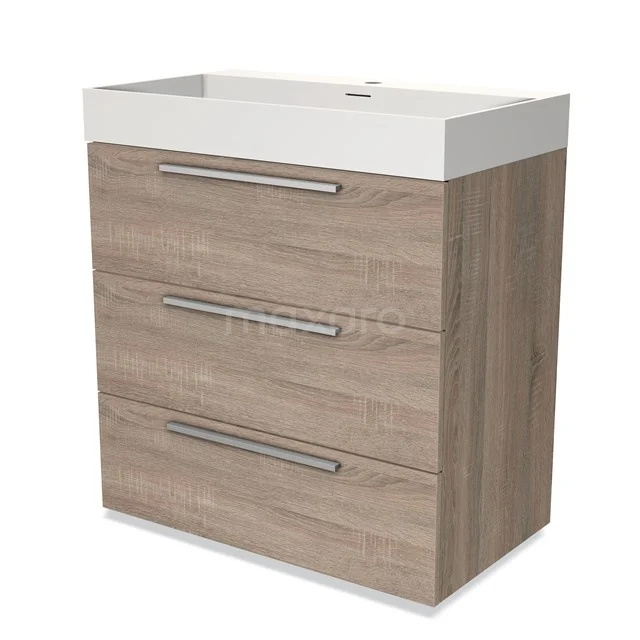 Houten badkamermeubel met wastafel, rechthoekig design, drie lades met metalen handgrepen, eigentijdse uitstraling.