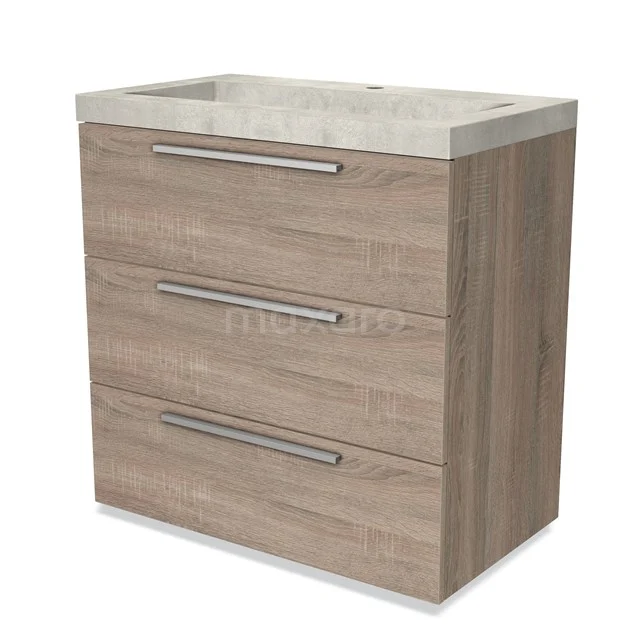 Houten badkamermeubel met natuurlijke eikenlook, drie lades en geïntegreerde wastafel van wit keramiek.