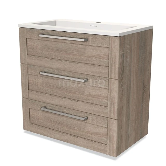Modulo Vanity units with basin | 80 cm Oak Frame front Solid surface 3 drawers BMW19-00310 Wooden bathroom unit with three drawers, modern handles and integrated white vanity units with basin, ideal for a stylish bathroom.