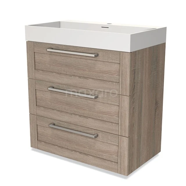 Modulo Vanity units with basin | 80 cm Oak Frame front Solid surface 3 drawers BMW19-00312 Wooden bathroom unit with white sink, three drawers with silver handles, modern look.