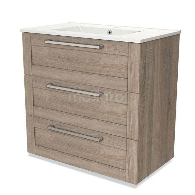 Modulo Vanity units with basin | 80 cm Oak Frame front Ceramic 3 drawers BMW19-00318 Wooden vanity units with basin, light wood colour, three drawers with metal handles, modern and sleek design.