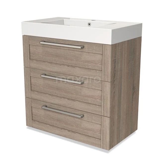 Wooden bathroom unit with three drawers and white vanity units with basin, modern design.