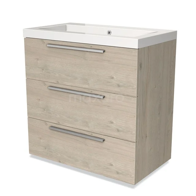 Wooden bathroom cabinet with basin, light Oak finish, three drawers with metal handles, ideal for water-resistant storage.