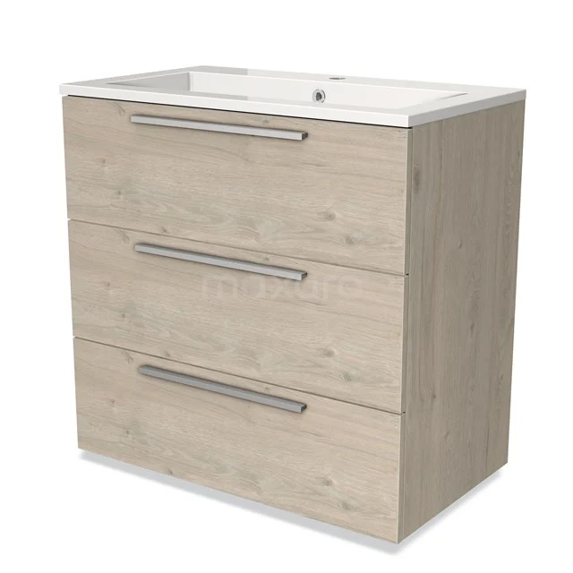 Wooden bathroom unit with three drawers, light oak look, metal handles and integrated white basin.