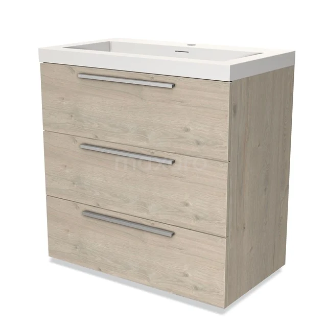 Wooden bathroom unit with three drawers and white ceramic basin, ideal for modern bathroom storage solutions.