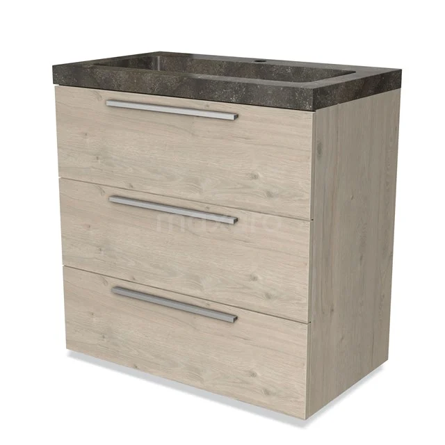 Light Oak Bathroom unit with concrete-look basin, three drawers with Stainless steel handles, modern design for contemporary bathrooms.