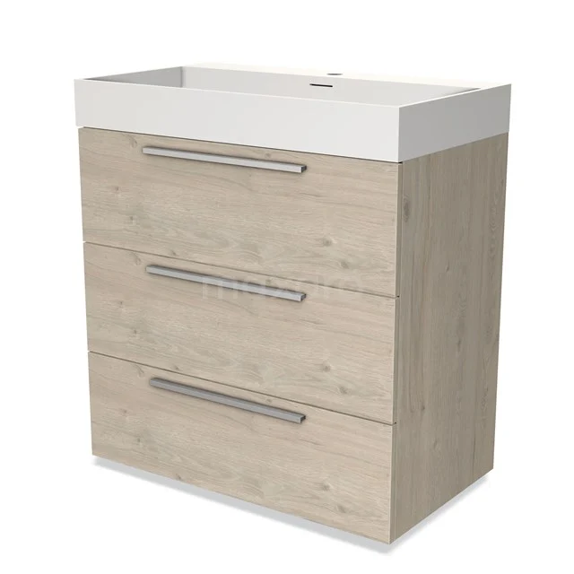 Wooden bathroom unit with three drawers, light oak look, white vanity units with basin and slim metal handles, modern and compact design.