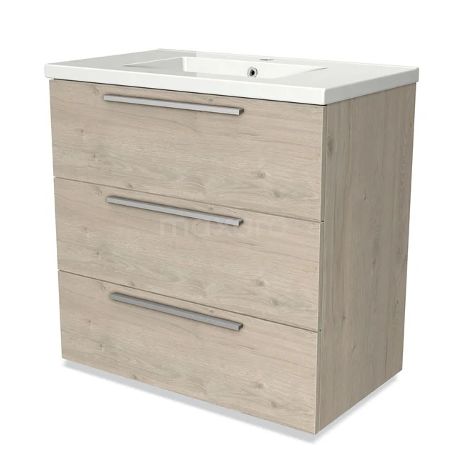 Modulo Bathroom furniture with sink | 80 cm Light grey oak Flat front Ceramic 3 drawers BMW19-00329 Wooden bathroom unit with 3 drawers, light oak finish, integrated white basin; stylish and practical design.