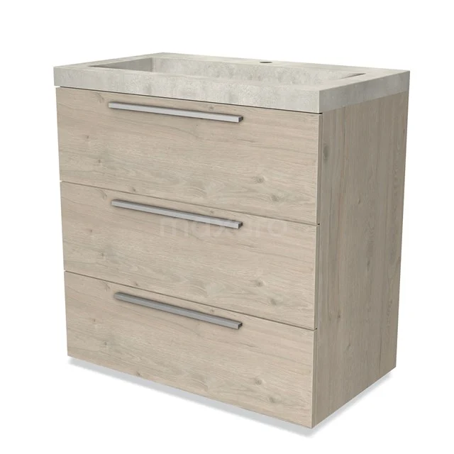 Wooden bathroom unit with three drawers, light Oak finish, fitted with a stone basin worktop, sleek and modern design.