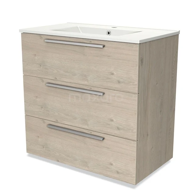 Wooden bathroom unit with three drawers, light oak finish, including white vanity units with basin and modern, sleek design.