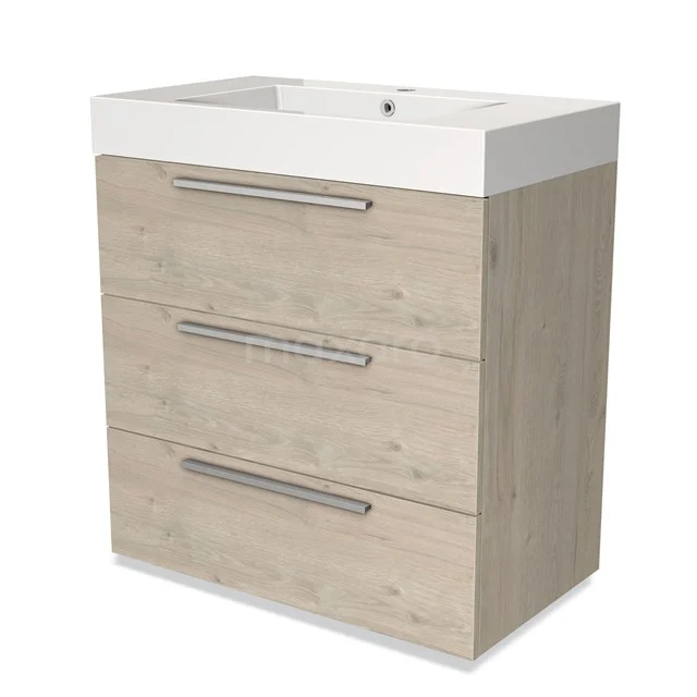 Wooden bathroom unit with three drawers, natural wood look, white ceramic sink and matte metal Handles, modern design.