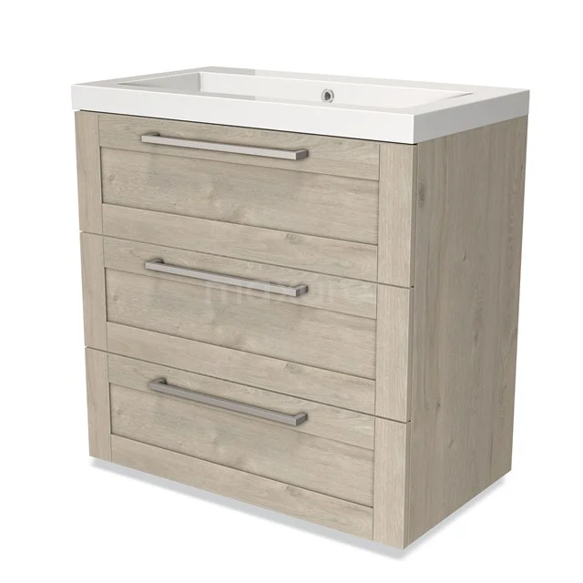 Modulo Bathroom furniture with sink | 80 cm Light grey oak Frame front Mineral marble 3 drawers BMW19-00338 Wooden bathroom unit with three drawers and metal handles, including white vanity units with basin, ideal for a modern bathroom.