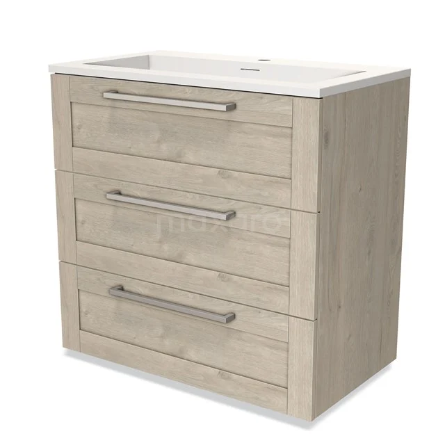 Wooden bathroom unit with 3 spacious drawers, light oak finish and integrated vanity units with basin for a modern bathroom style.