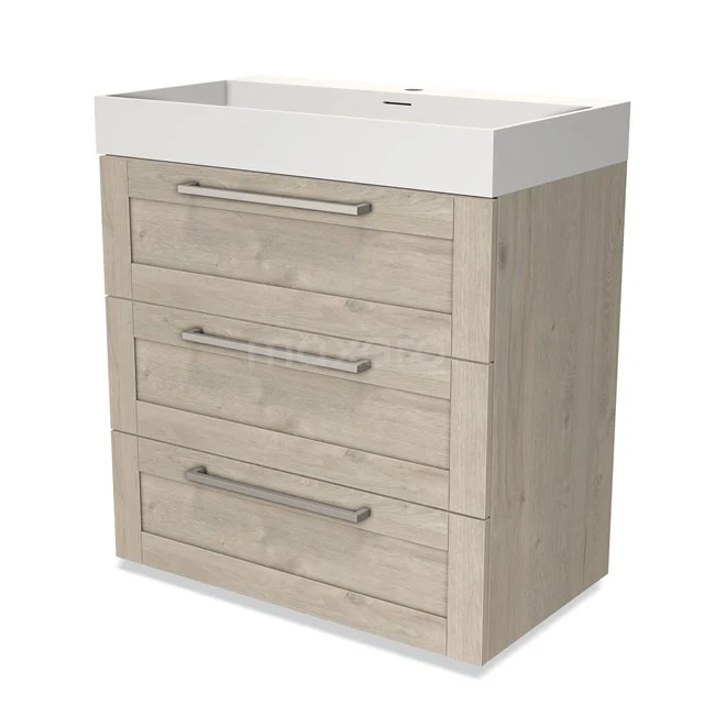 Modulo Vanity units with basin | 80 cm Light grey oak Frame front Solid surface 3 drawers BMW19-00344 Wooden bathroom unit with light Oak finish, three drawers and integrated white ceramic basin for modern bathrooms.