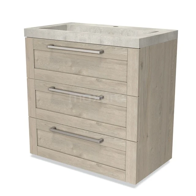 Modulo Vanity units with basin | 80 cm Light grey oak Frame front Concrete 3 drawers BMW19-00347 Wooden bathroom unit with three drawers, natural oak look, metal handles and integrated vanity units with basin.