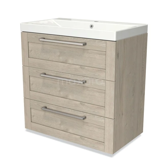 Wooden bathroom unit with natural oak colour, three drawers with stainless steel handles and integrated white basin.