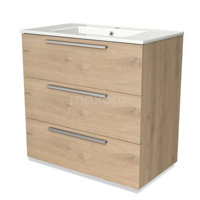 Houten badkamermeubel met drie lades, wit keramische wastafel, moderne Riva-serie, perfect voor opbergruimte in de badkamer.