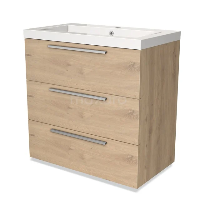 Houten badkamermeubel met drie lades, witte wastafel en modern design; ideaal voor stijlvolle badkameropslag.