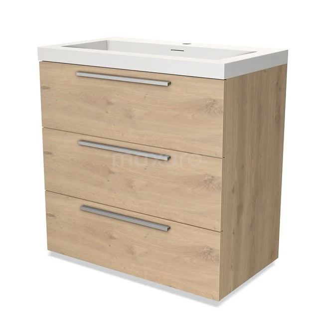 Houten badkamermeubel met drie lades, witte keramische wastafel, modern design. Perfect voor een stijlvolle badkamer.