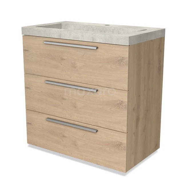 Houten badkamermeubel met drie lades en een lichtgrijs stenen wastafelblad, modern design met metalen handgrepen.