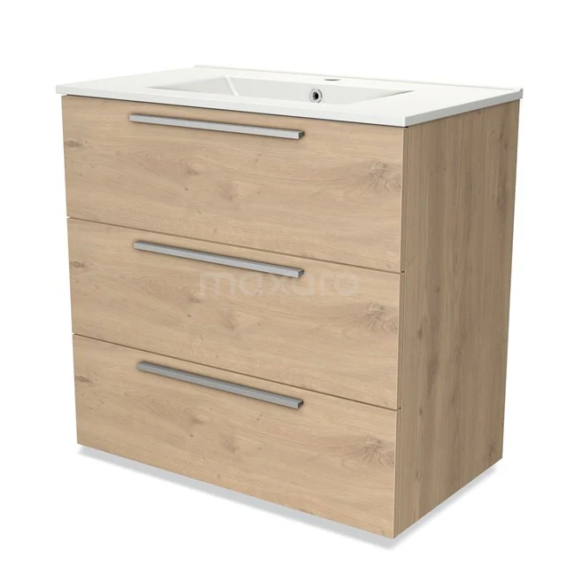 Houten badkamermeubel met drie lades, moderne handgrepen en een geïntegreerde witte wastafel, ideaal voor eigentijdse badkamers.