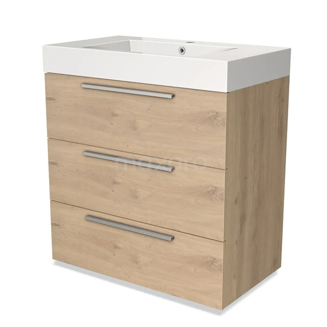 Houten badkamermeubel met drie lades en witte wastafel, modern design, ideaal voor opbergruimte in de badkamer.