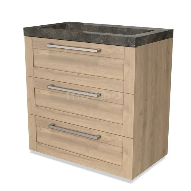 Modulo Waschtische | 80 cm Hellbraune Eiche Rahmen front Naturstein 3 Schubladen BMW19-00375 Holz Badezimmermöbel mit drei Schubladen, heller Eiche-Oberfläche und schwarzem Steing Waschbecken, modernes und funktionales Design.