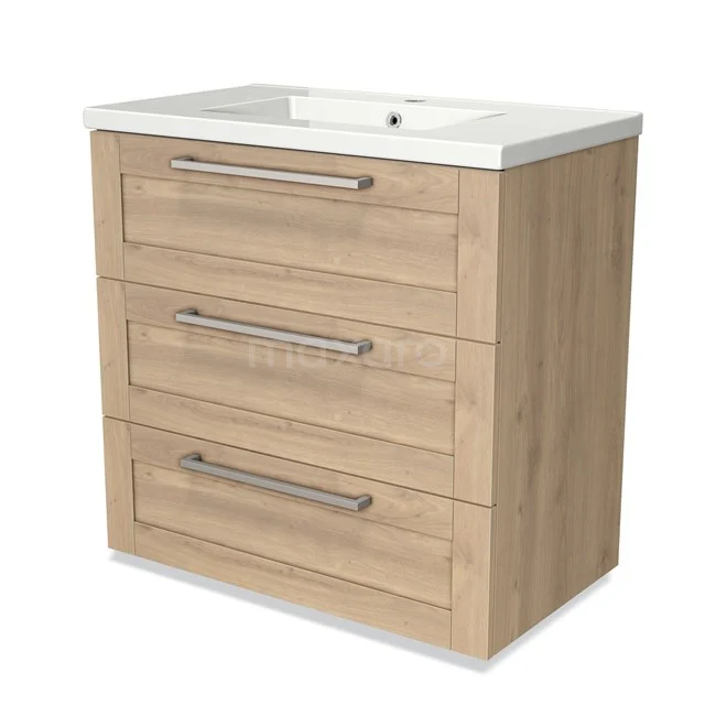Modulo Vanity units with basin | 80 cm Light brown oak Frame front Ceramic 3 drawers BMW19-00377 Wooden vanity unit with three drawers, light Oak look and Stainless steel handles, perfect for a modern bathroom design.