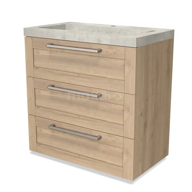 Modulo Bathroom furniture with sink | 80 cm Light brown oak Frame front Concrete 3 drawers BMW19-00379 Wooden bathroom unit with three drawers, light oak look and ceramic basin, sleek design for modern bathrooms.